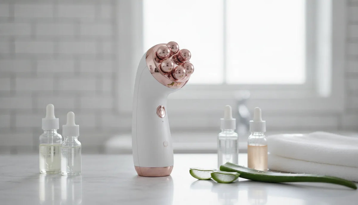 At-home facial massager with a rose-gold head beside skincare serums and a towel.