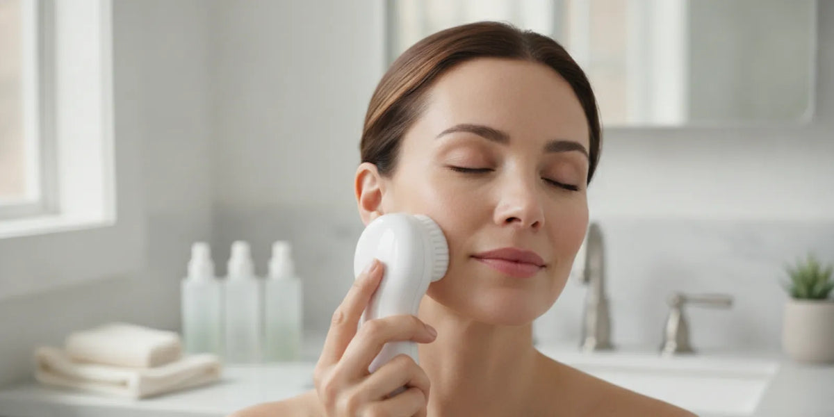 A person using a handheld skincare tool as part of a calm at-home routine