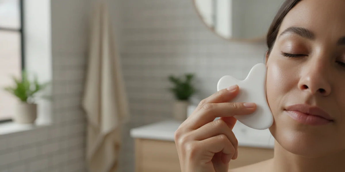 A person using a facial massage tool gently along the cheek at home