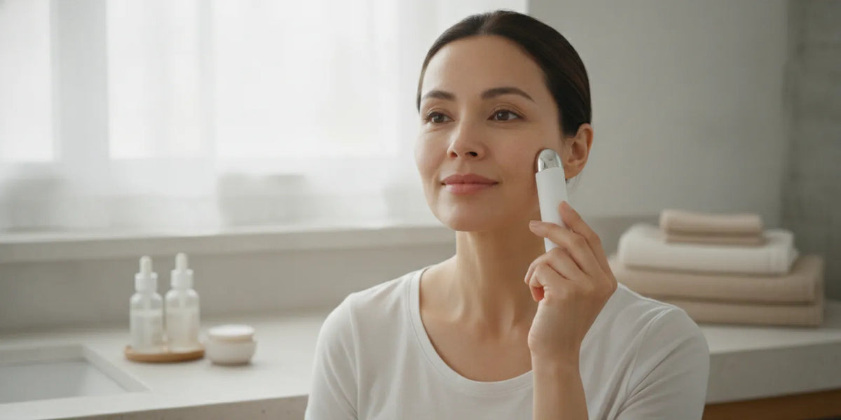 A person gently holding a facial care wand beside a clean skincare routine setup