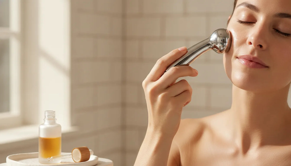 A woman using a metal facial wand beside a serum bottle at home