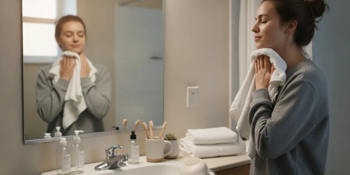 A student setting up a simple skincare routine at a dorm bathroom sink