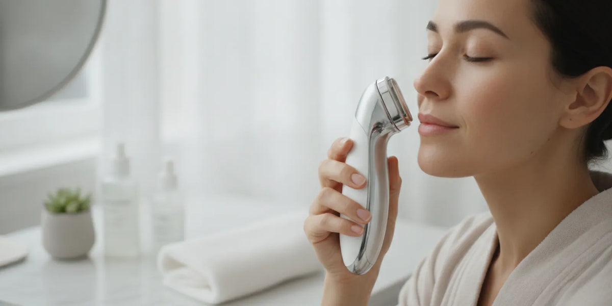 Person using a facial device gently along the cheek in a simple skincare routine