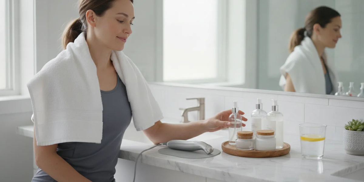 Person preparing a gentle skincare routine with a facial wand after exercise