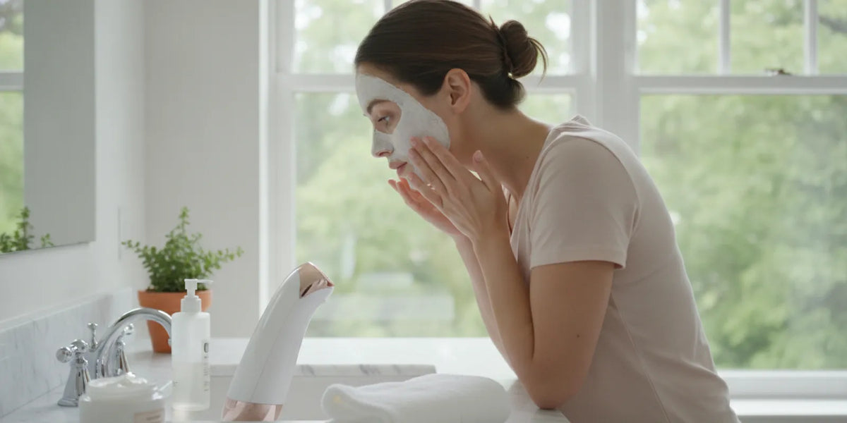 At-home skincare setup with a facial wand beside a cleanser and towel
