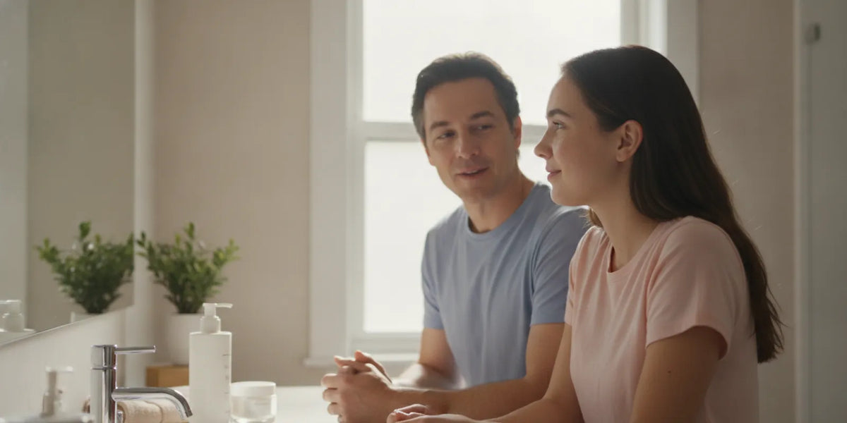 A parent and teenager discussing a simple skincare routine at a bathroom counter