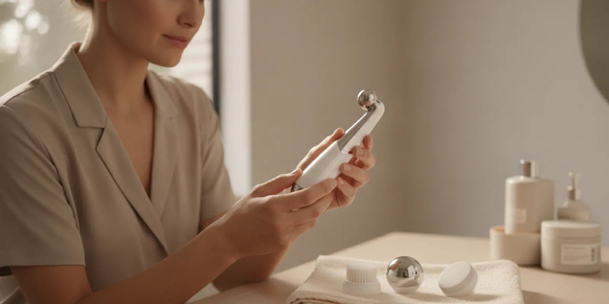 At-home skincare tools and facial wand attachments arranged neatly on a bathroom counter