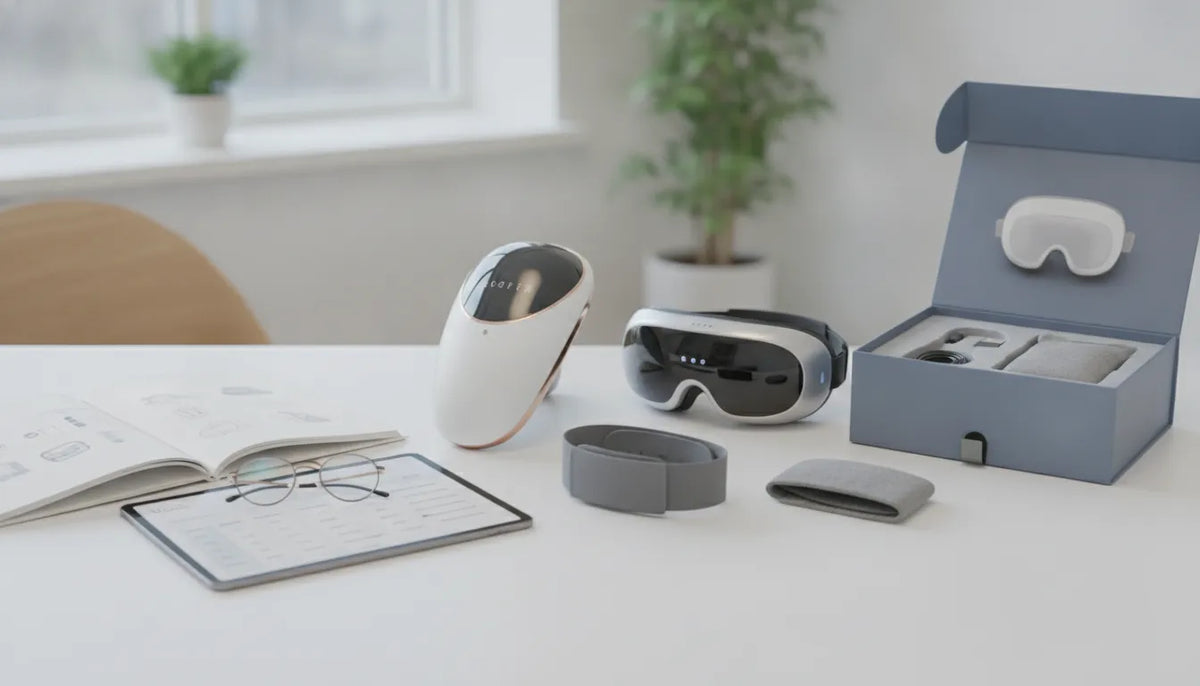 Heated eye massager set with adjustable strap, remote, and accessories on a white table.