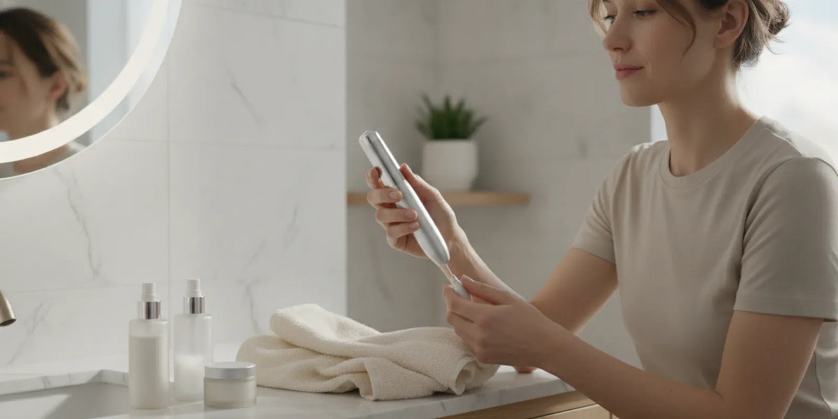 A person holding a facial wand beside skincare products at a bright home vanity