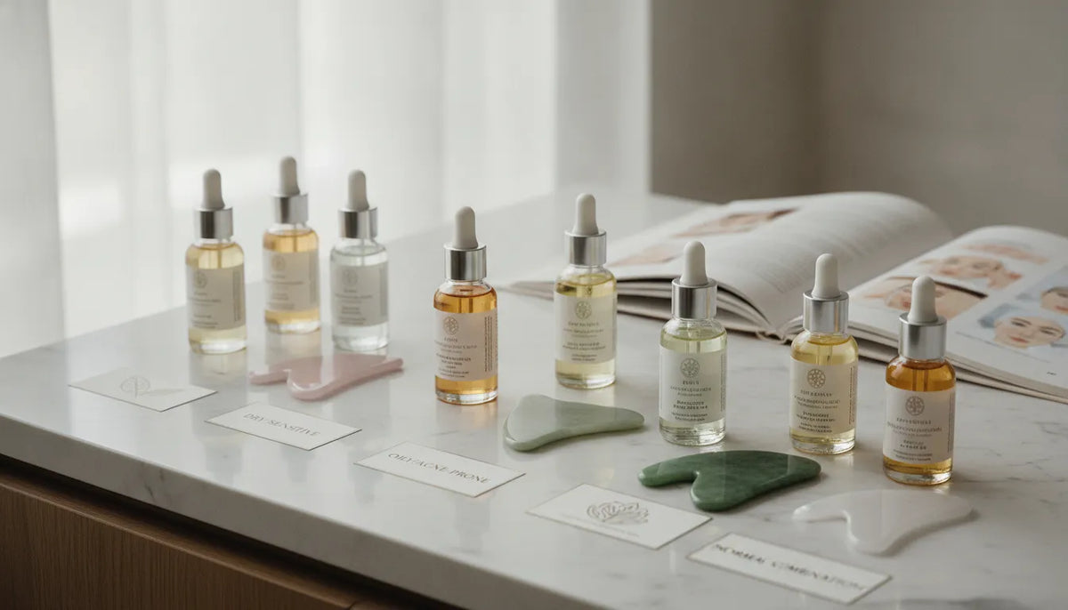 Face oil and gua sha tools on a marble counter.