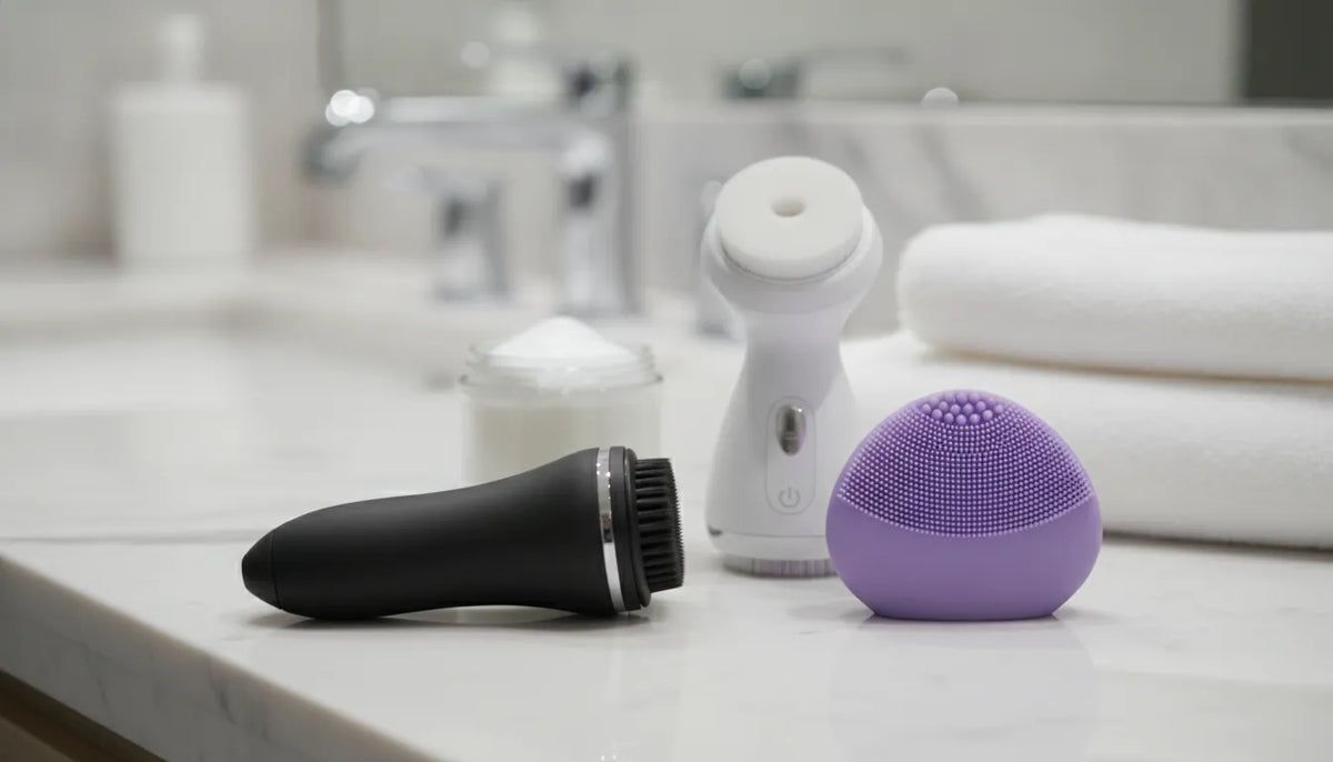 Manual, silicone, and powered facial cleansing brushes on a bathroom counter.