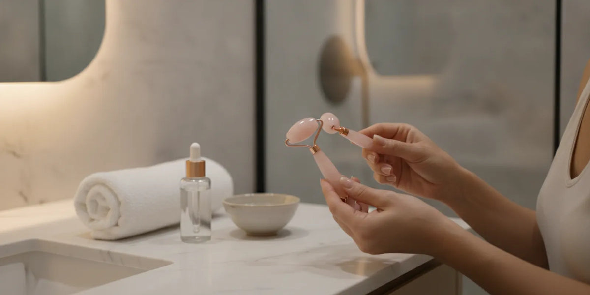 A person preparing a facial roller-style beauty wand beside a clean skincare setup