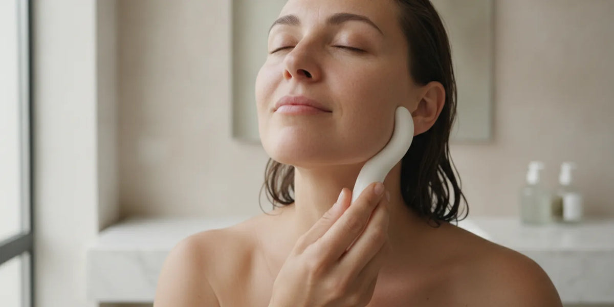 A person using a facial massage wand gently along the jawline as part of an at-home skincare routine