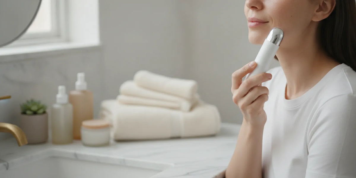 A person using a facial-care wand as part of a calm at-home skincare routine
