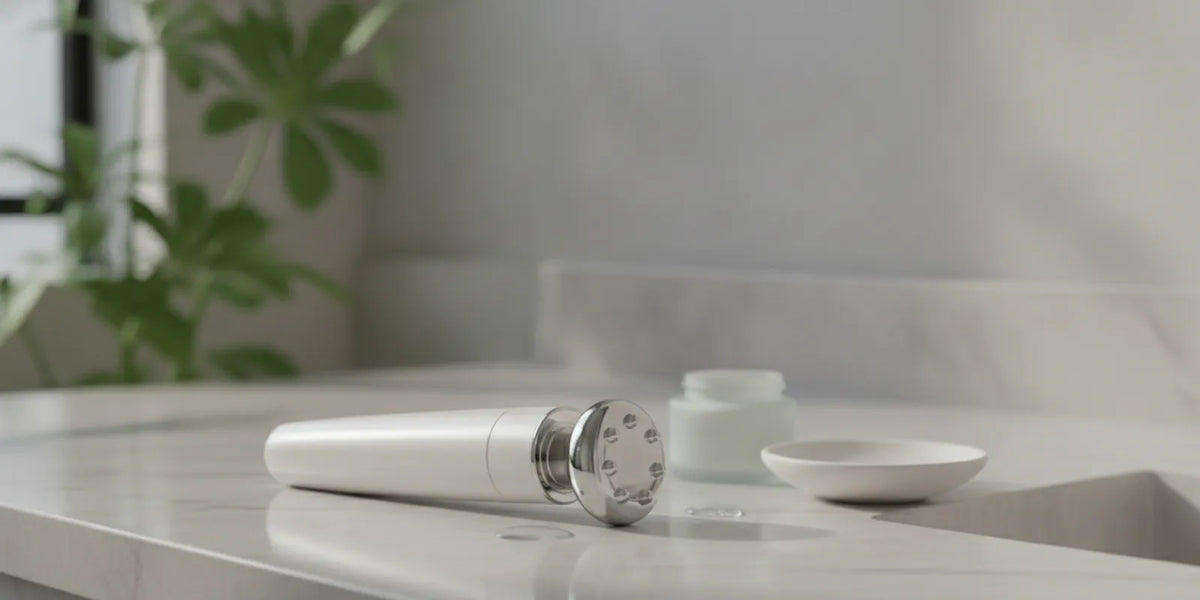 Facial-care wand and attachment arranged on a clean bathroom counter