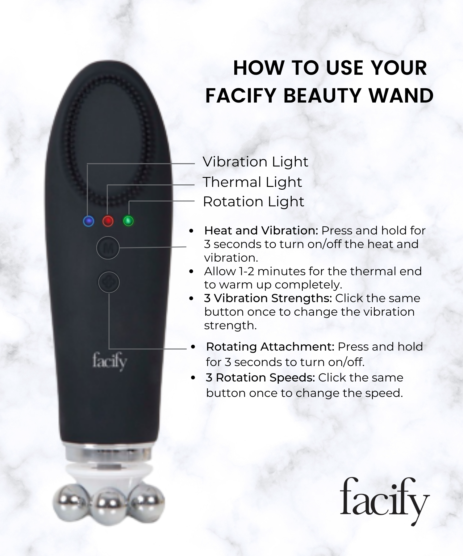instruction manual for how to use the facify beauty wand and what all the lights and buttons mean